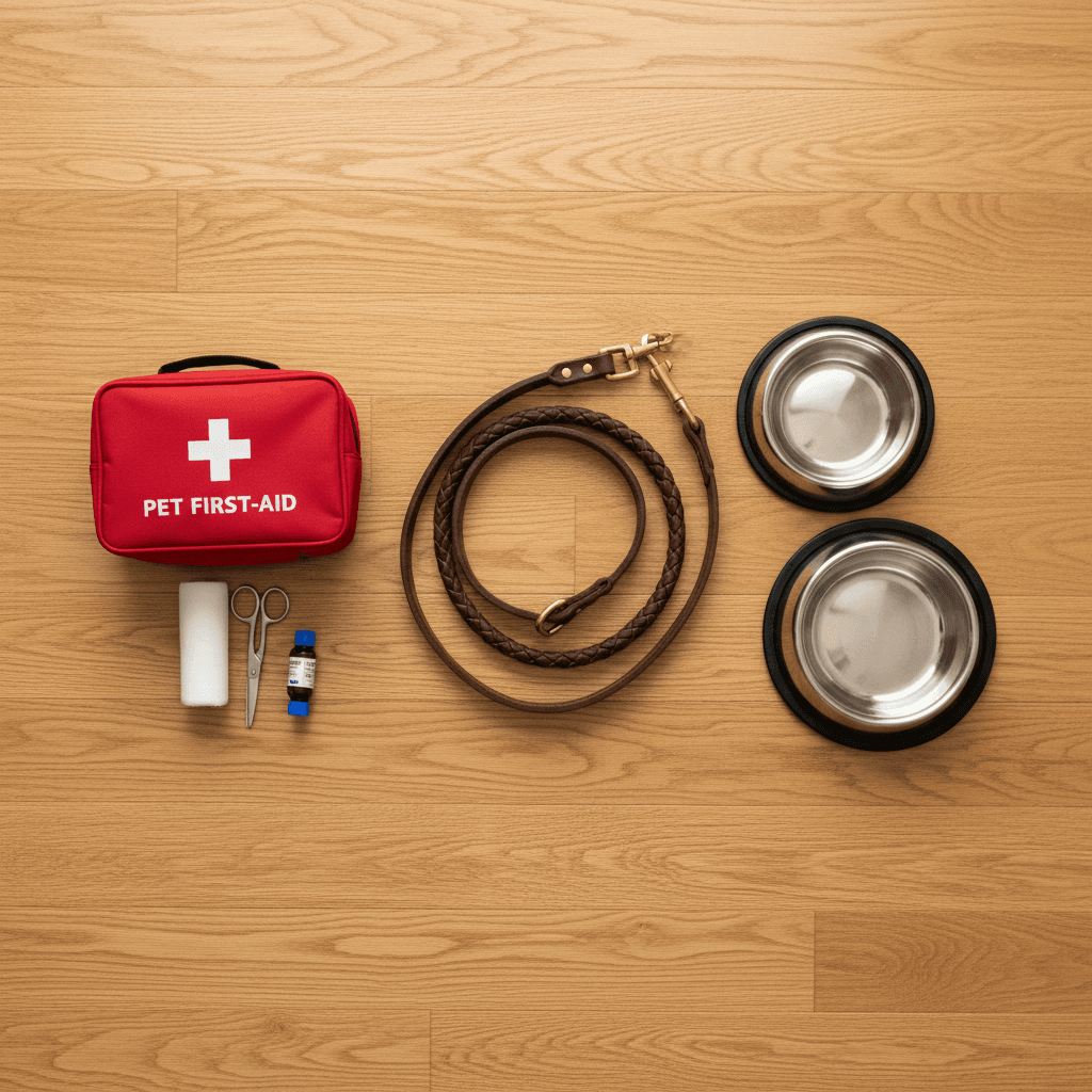 Leather leash, metal bowls, and pet first-aid kit on a bright wooden floor