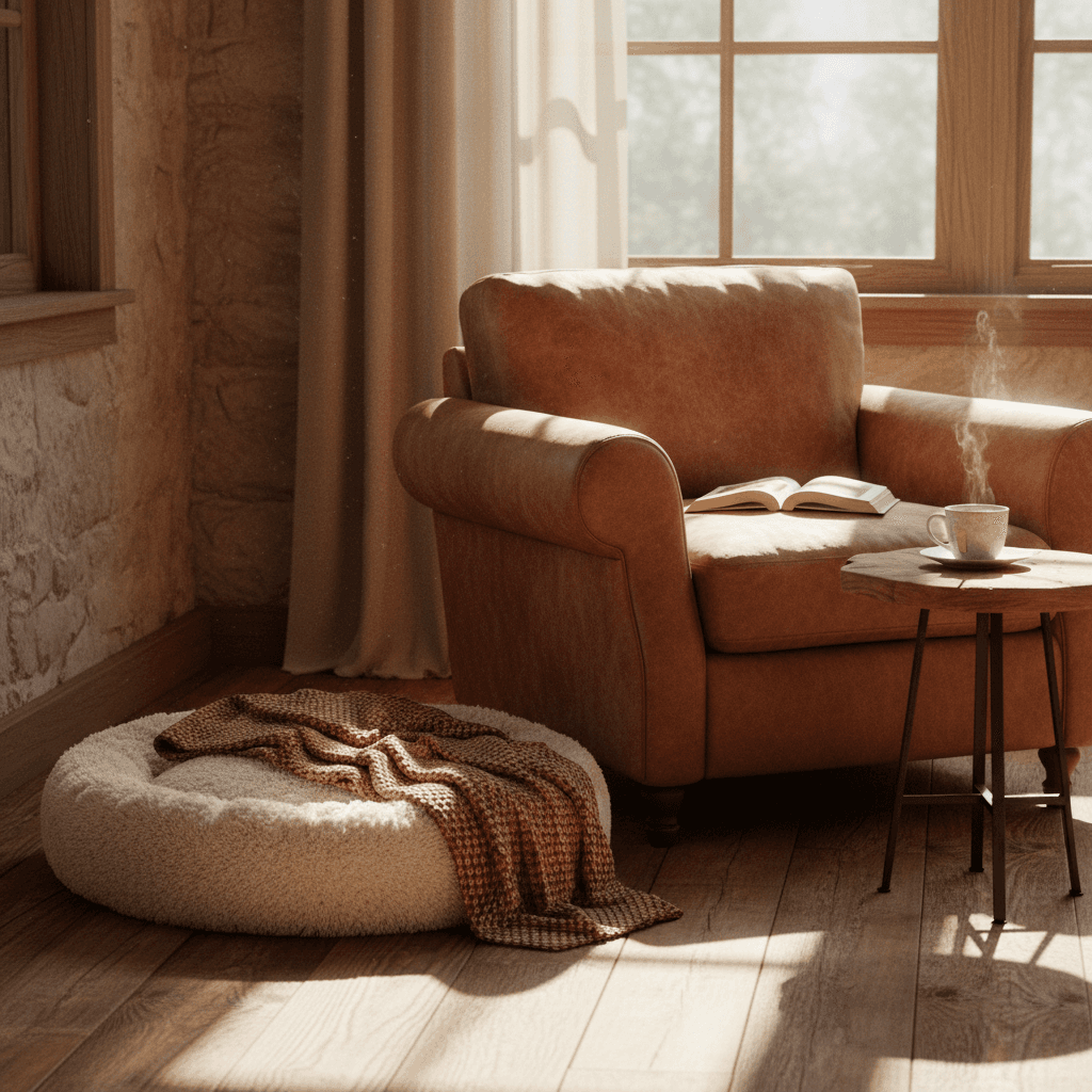 Plush pet bed with a folded blanket in a cozy home corner