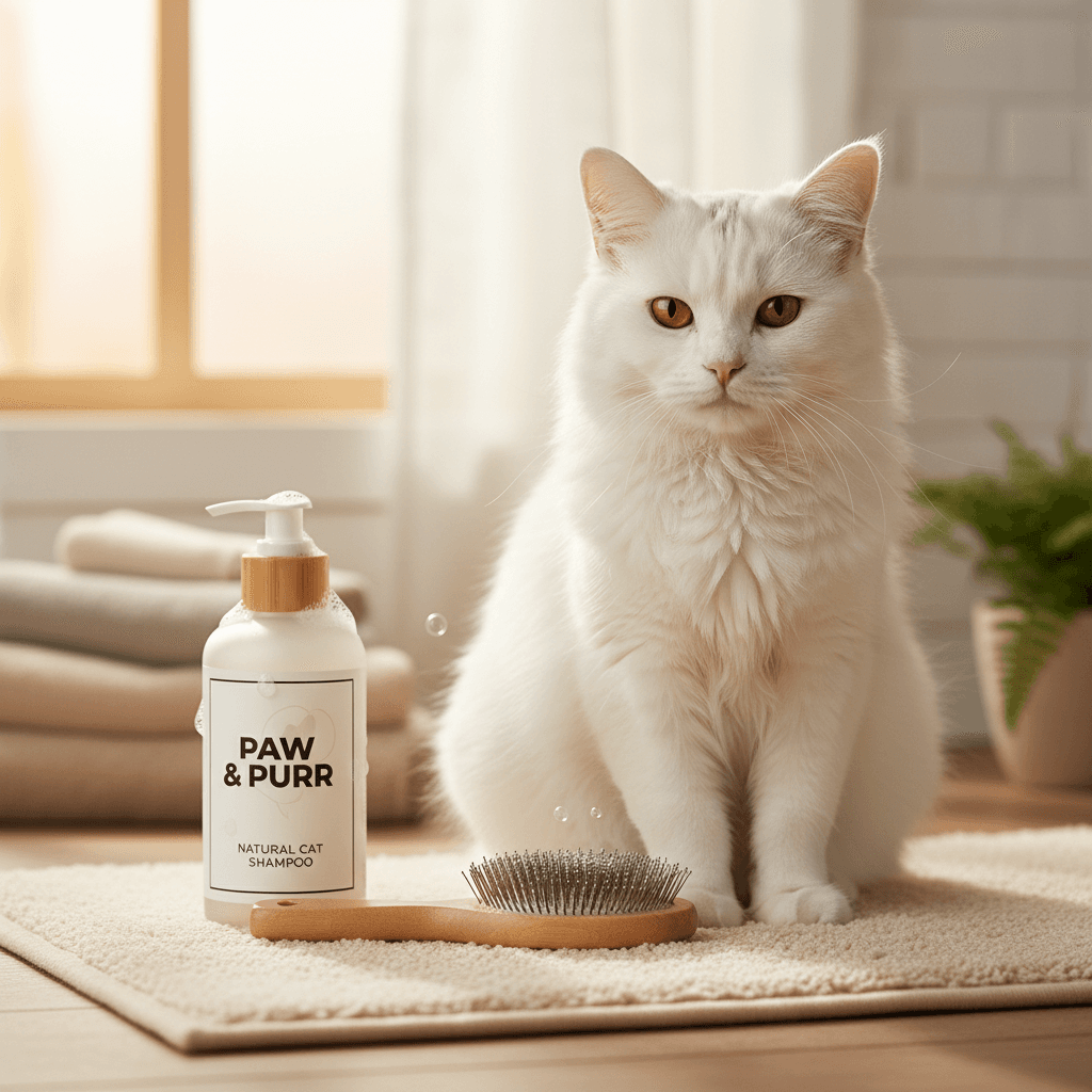 Slicker brush and shampoo bottle beside a clean cat on a bath mat