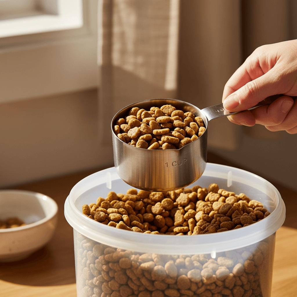 Hand scooping kibble from a clear storage bin into a metal cup