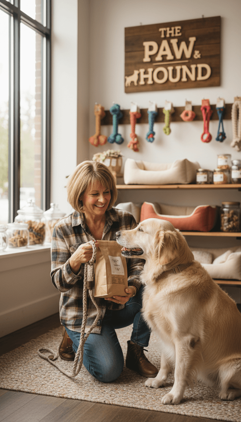 Store owner helping a golden retriever choose a leash at Marni Pet Store