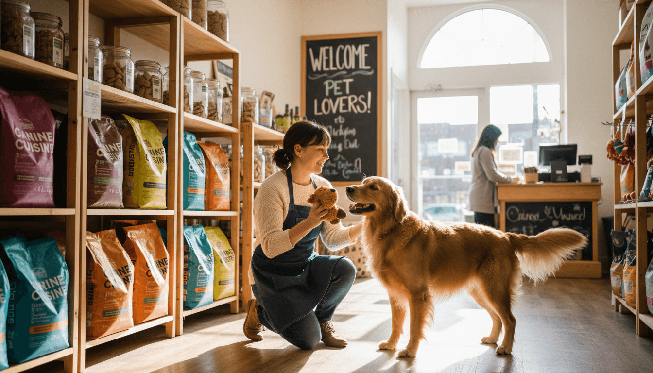 Friendly pet store owner kneeling with a happy golden retriever inside a bright, cozy neighborhood pet shop