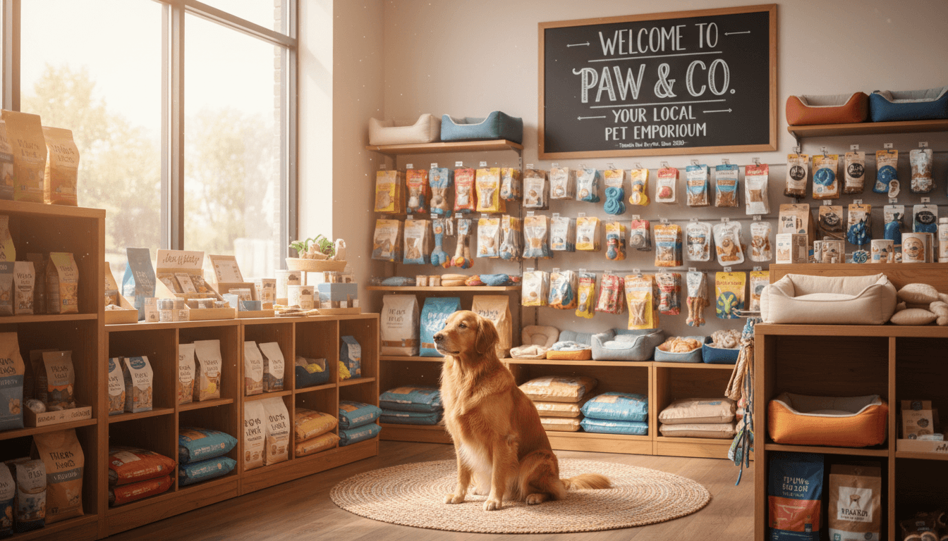 Cozy pet store corner in Toronto with shelves of pet food, toys, and a content golden retriever