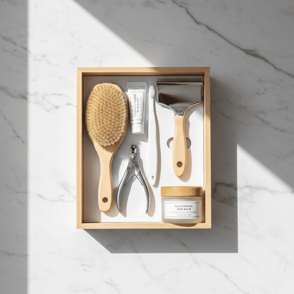 Grooming brushes and cozy pet bedding arranged on a wooden table