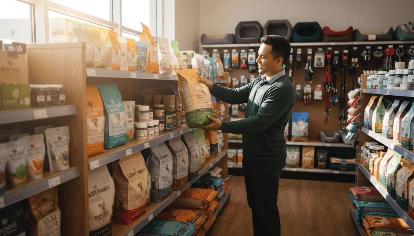 Customer kneeling beside a happy dog with a toy inside a bright pet supply store