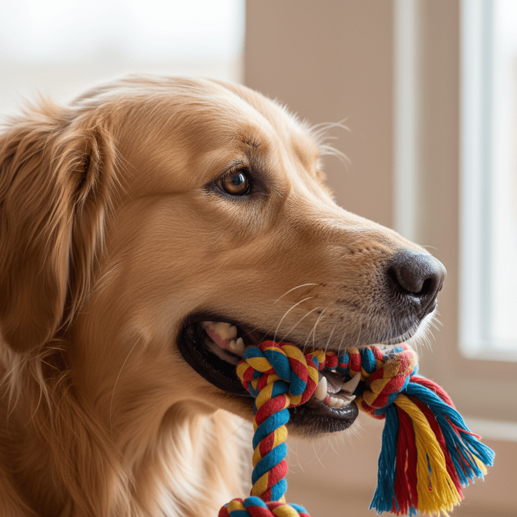 Golden retriever playing with a rope toy