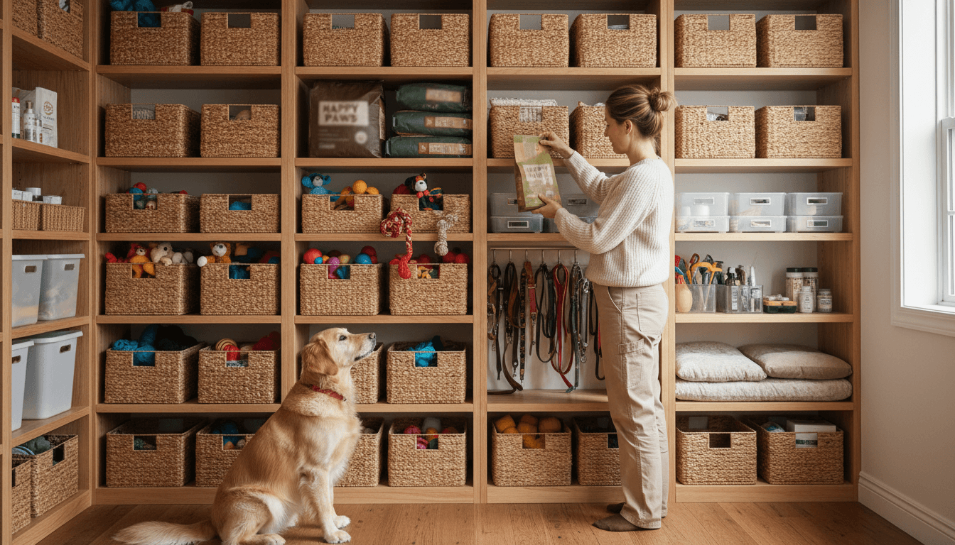 A golden retriever sitting in the aisle of a bright, welcoming pet supply store with wooden shelves stocked with pet food and accessories