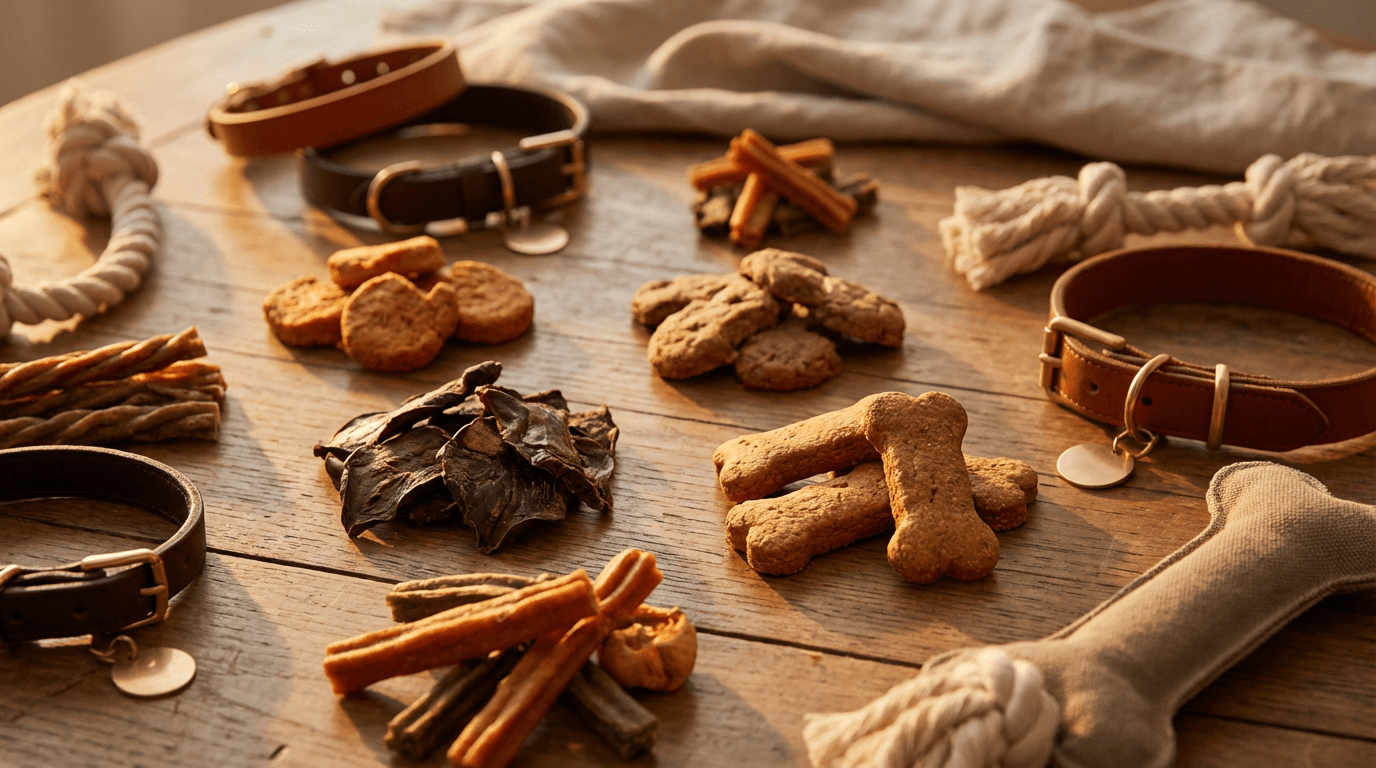 Assorted dog treats on a wooden surface