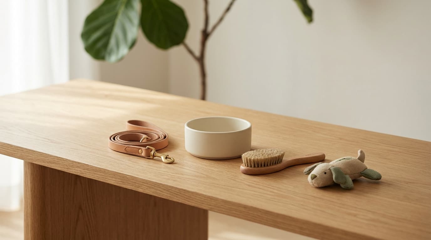 Leash, bowl, and pet toy arranged on a table
