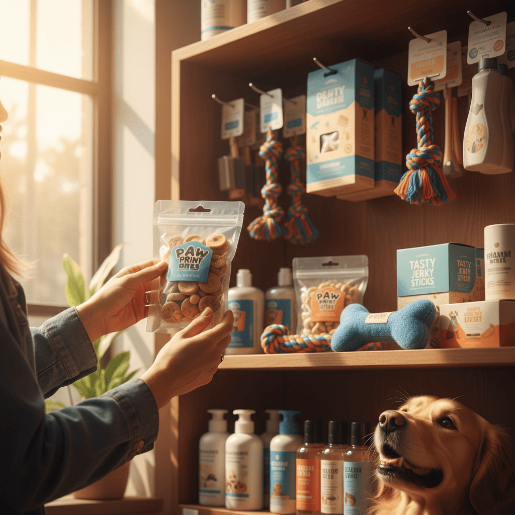 Store employee handing a treat to a happy dog at the counter